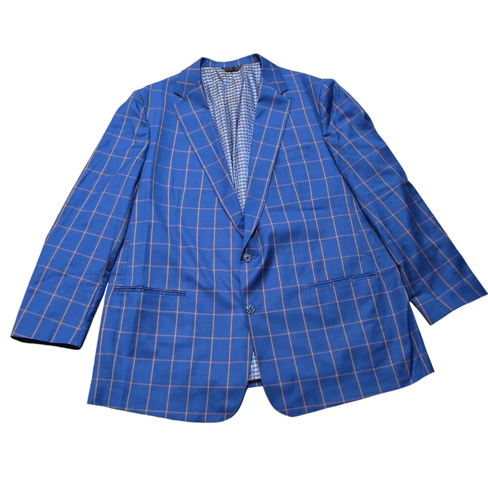 Milano Collection Royal Blue Sport Coat Blazer Jacket Orange Windowpane Print